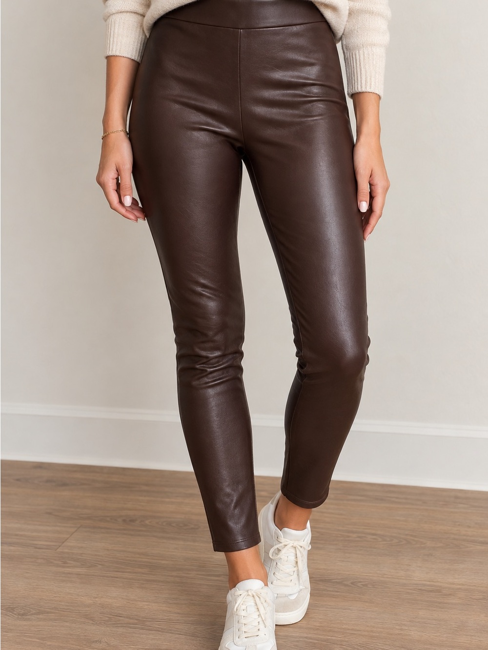 LOFT Brown Faux Leather Leggings High Waisted Size 14